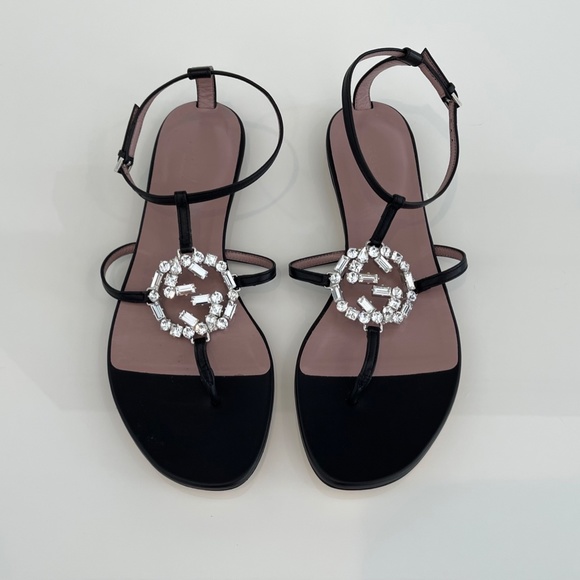 GUCCI BLACK LEATHER CRYSTAL GUCCI SANDALS SIZE IT 37 / US 7 NEW IN BOX! - Picture 4 of 17